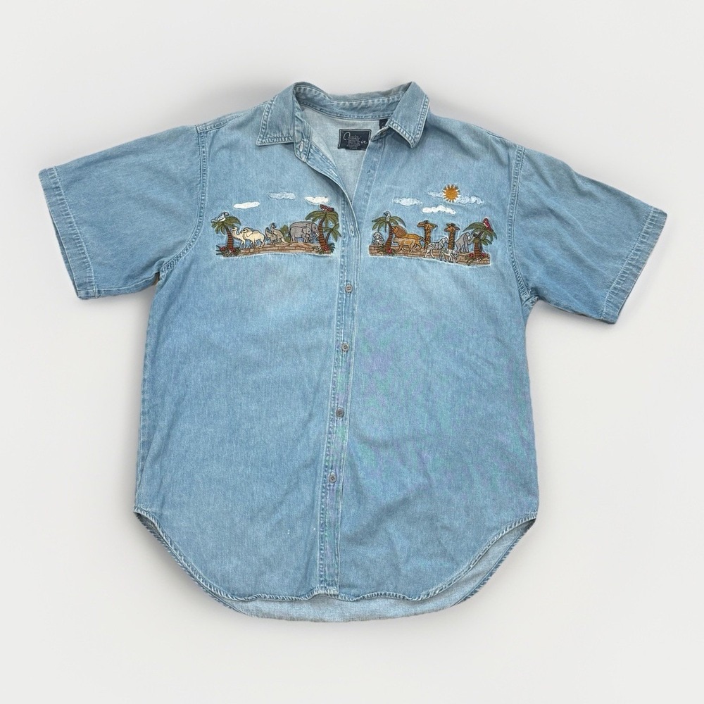 Vintage Denim Shirt Short Sleeve Women's‎ L Embroidered Animal Scene Noah's Ark